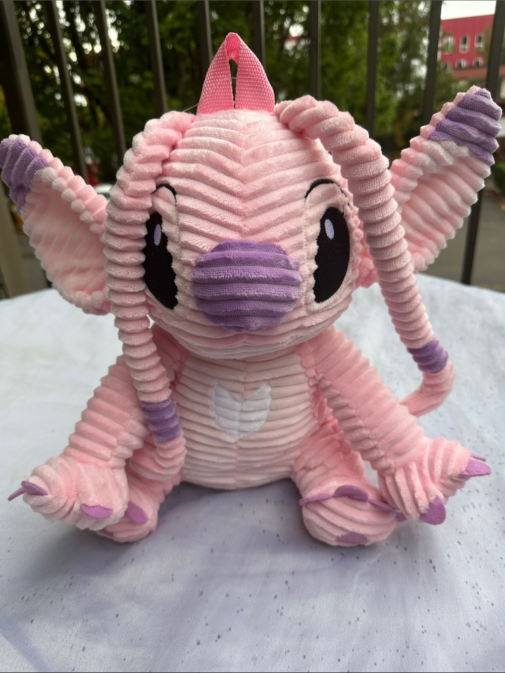 Corduroy Pink Small Pet Plush Toy with Purple Accents